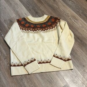 Cream and Brown Knit Sweater with Patterned Yoke